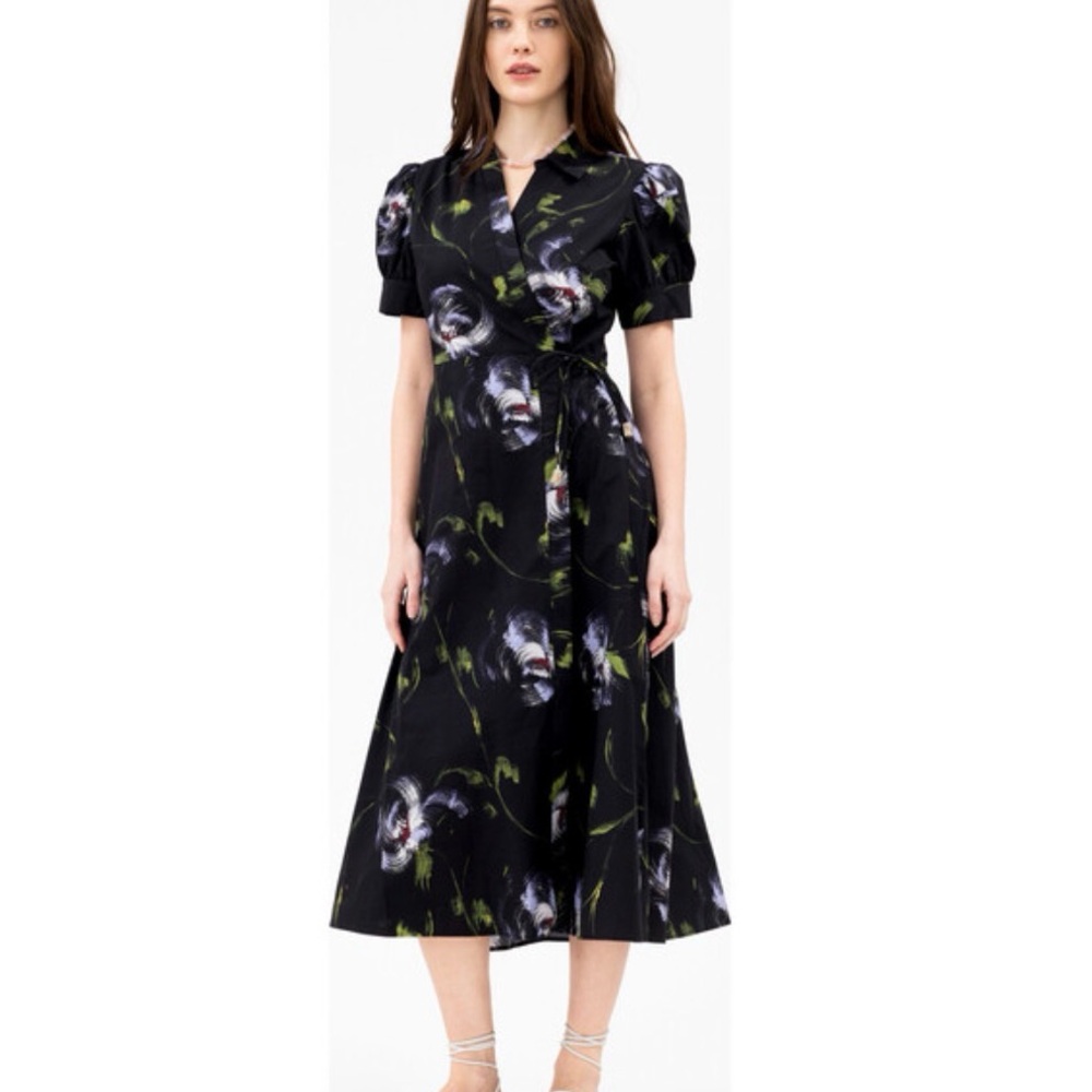 Tanya Taylor Black and Purple Floral Midi Dress